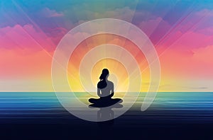 Woman Meditating on Beach with Rainbow Sunset Reflection (AI Generated)