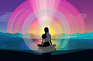 Woman Meditating on Beach with Rainbow Sunset Reflection (AI Generated)
