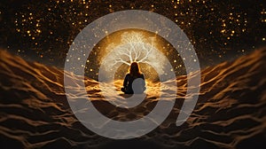 Woman meditating in the desert night, watching a magical spirit tree grow in front of her. Energy work. Generative AI