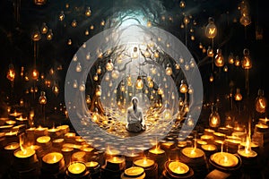 Woman meditating in a forest with many light bulbs, spirituality, explosion of ideas, brainstorming for solutions, open mind for