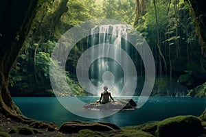 Person meditating in front of waterfall in deep forest, generative AI
