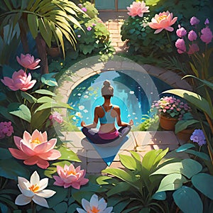 A woman meditating in the garden