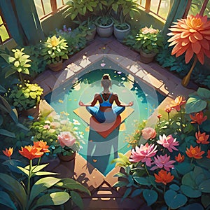 A woman meditating in the garden