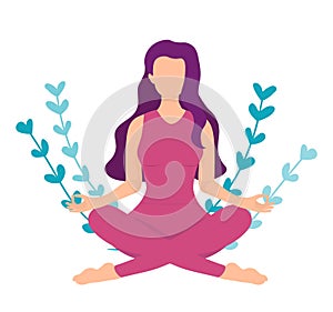 Woman meditating in heart shape leaves. Concept illustration for yoga, meditation,