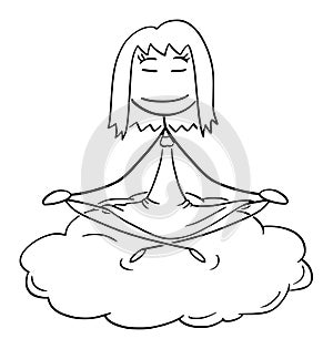 Woman Meditating in Lotus Position on Cloud , Vector Cartoon Stick Figure Illustration