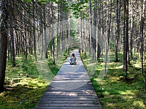 Woman meditating on nature boardwalk