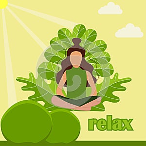 Woman meditating in nature and leaves. Concept illustration for yoga, meditation, relax, recreation, healthy lifestyle.