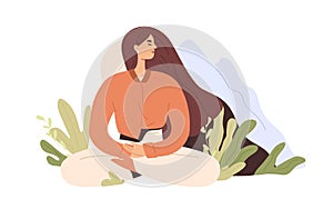 Woman meditating. Peaceful person during meditation, yoga and spiritual practice. Female relaxing in lotus pose. Harmony
