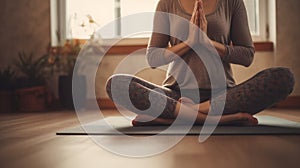 Woman meditating in prayer pose sitting on the floor. Generative ai