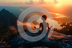 Woman meditating at sunrise on a mountain overlooking the sea