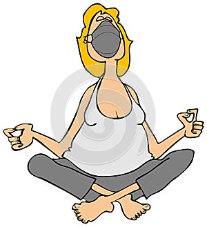 Woman meditating while wearing a face mask
