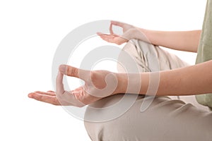 Woman meditating on white background, closeup view