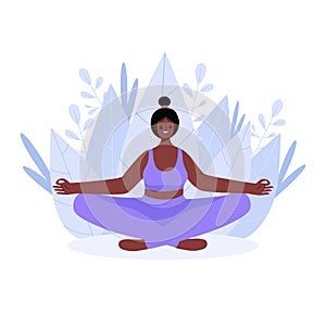 Woman meditating in yoga lotus pose . Concept illustration for yoga, meditation, relax, recreation, healthy lifestyle. Woman