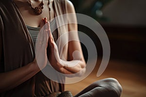 A Woman Meditating In A Yoga Studio, With Her Hands In The Anjali Mudra. Generative AI