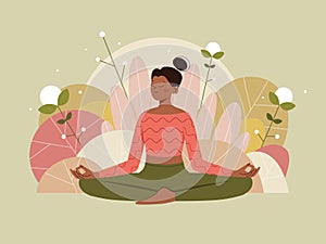 Woman in meditation pose on nature background with leaves. Concept illustration for yoga, meditation