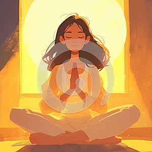 Woman in meditation with warm sunlight illuminating her