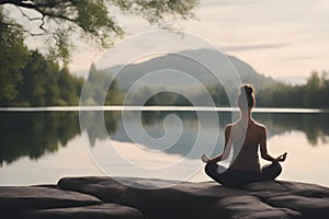 A woman in a meditative yoga pose by a tranquil lake