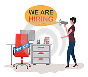 Woman with a megaphone is looking for workers. Red office chair with sign vacant on the background with computer table