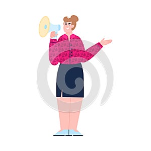Woman with megaphone making announcement, cartoon vector illustration isolated.