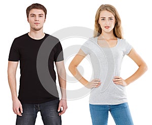 Woman and man in blank template t shirt isolated on white background. Guy and girl in tshirt with copy space and mock up for