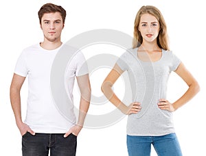 Woman and man in blank template t shirt isolated on white background. Guy and girl in tshirt with copy space and mock up