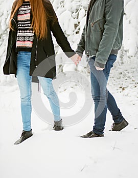 Woman and men couple winter adventures. Winter love story