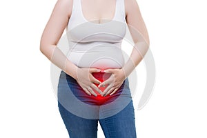 Woman with menstrual pain, stomachache isolated on white background