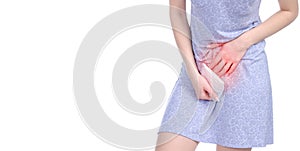 Woman menstruation pain, sanitary pad in hand