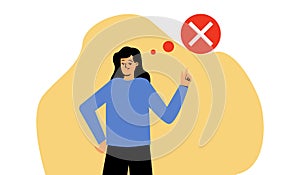 A woman and a mental bubble with the sign of the cross. Disagreement, wrong decision, ban. Vector business illustration