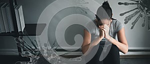 Woman mental health illness sad headache. 3D virus