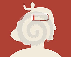 Woman mental health, silhouette vector stock illustration with battery charge as a concept of burnout and chronic fatigue of a