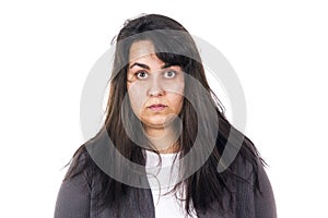 Woman messy hair just woke up early isolated