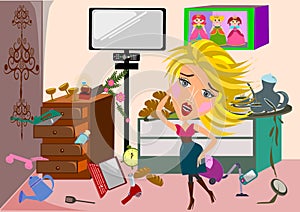 Woman in a messy room cartoon