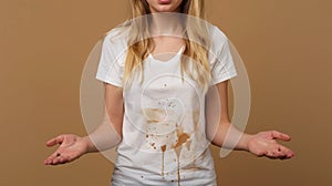 A woman with a messy shirt and hands open wide, AI