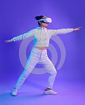 Woman, metaverse and virtual reality glasses for futuristic gaming, cyber and digital world. Gamer person with hands for