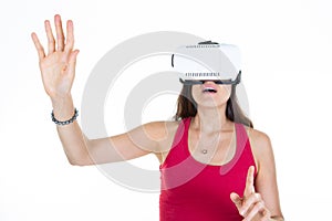 Woman metaverse wearing vr goggles virtual Reality Headset modern concept hands on airs