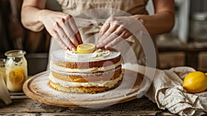 Woman Decorating a Lemon Cake.AI generated image