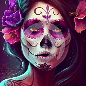 Woman with mexican facial painting, dia de los muertos holiday, Calavera Catrina