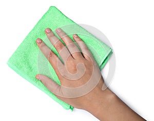Woman with microfiber cloth on white background, closeup