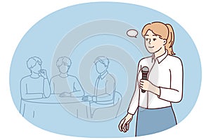 Woman with microphone host on quiz where teams compete by answering questions. Vector image