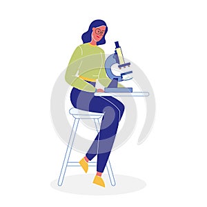 Woman with Microscope Flat Vector Illustration