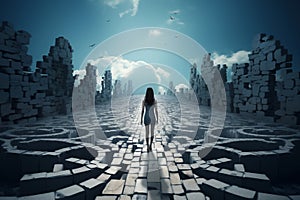 Woman in the middle of the maze. Business challenge concept. By generative Ai