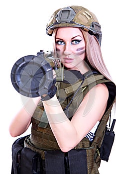 Woman in a military camouflage with a bazooka