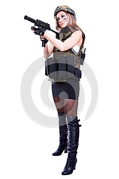 Woman in a military camouflage holding the smg photo