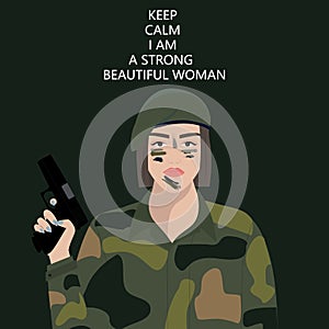 Woman in military clothes on a green background with a weapon. Vector illustration