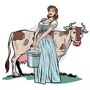 A woman milker cow bucket milk. agriculture village life