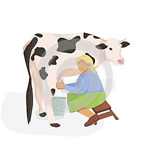 woman milks a cow on a white background. breeding cows. milking a cow. cow farming. vector flat.