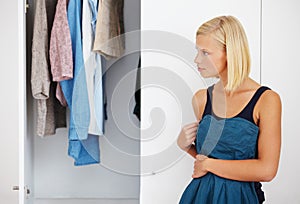 Woman, mirror or choosing clothes in closet for morning routine, fashion or clothing in bedroom of home. Person, outfit