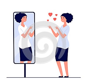 Woman at mirror. mirrored happy girl. cartoon reflected beautiful female narcissism and love of self vector concept