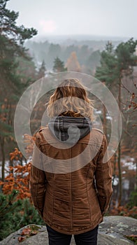 Woman misty forest landscape back view brown leather jacket gazing reflecting nature